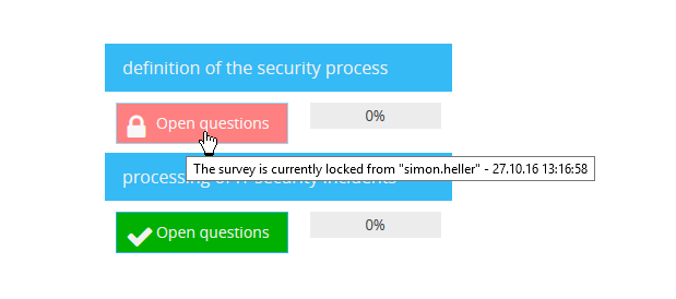 With the option "Singleuser editing mode", currently edited surveys can be blocked for other users.