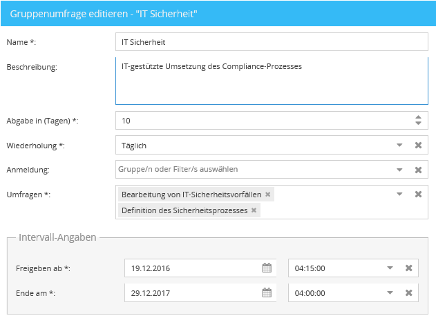 Einzelne Umfragen können zu einer Gruppenumfrage zusammengefasst werden. Neues Zeitmanagement durch Erinnerungsmechanismen und Intervall-Angaben.