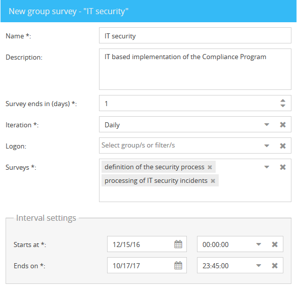 Individual surveys can be summarized to group surveys. Reminder mechanisms and interval details enable new time-related options.